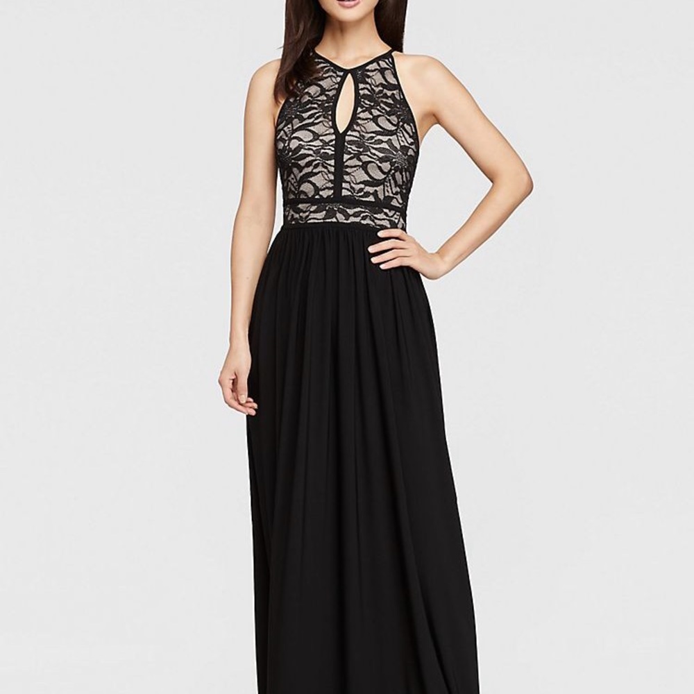 Nightway Lace Keyhole Halter Dress w/ Jersey Skirt